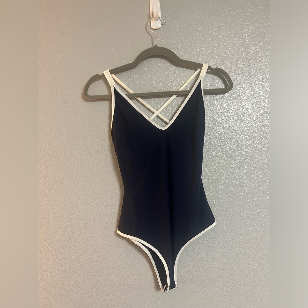 Women’s blue white Navy Strappy backless Bodysuit top Size Small
